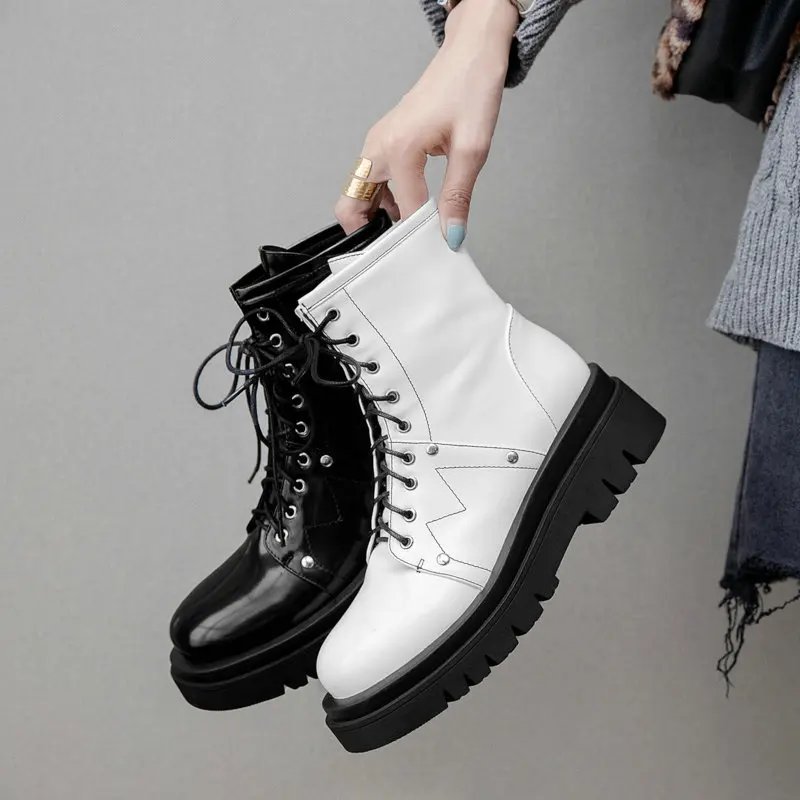 

Patent PU Leather White British Style Street Girls Goth Shoes Lace-up Platform Flats Thick Sole Ankle Womens Motorcycle Boots