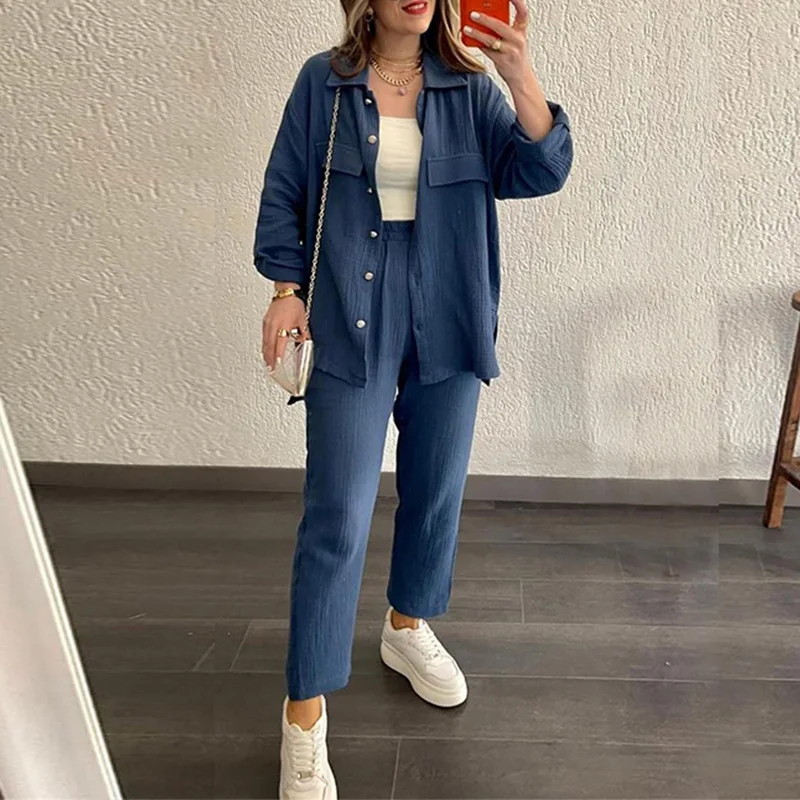 

Elegant Women Blouse Coat+Pants Two Pieces Set 2023 Spring Solid Casual Shirt Long Pants Polyester Cotton Lady Suit S-XXL