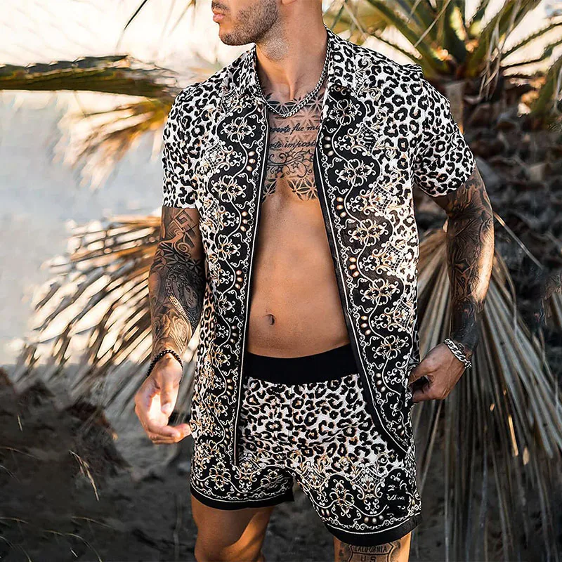 

Комплект Гавайский мужской с коротким рукавом, рубашка на пуговицах, пляжные шорты, уличная одежда, повседневный костюм из 2 предметов, с леопардовым принтом, лето 2022