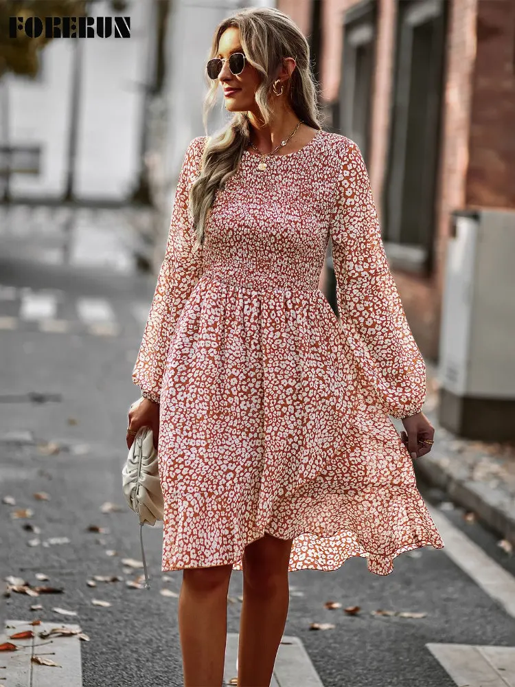 

FORERUN Midi Dresses for Women 2022 O Neck Long Puff Sleeve Elegant Bohemian Floral Vestidos De Mujer Dropshipping
