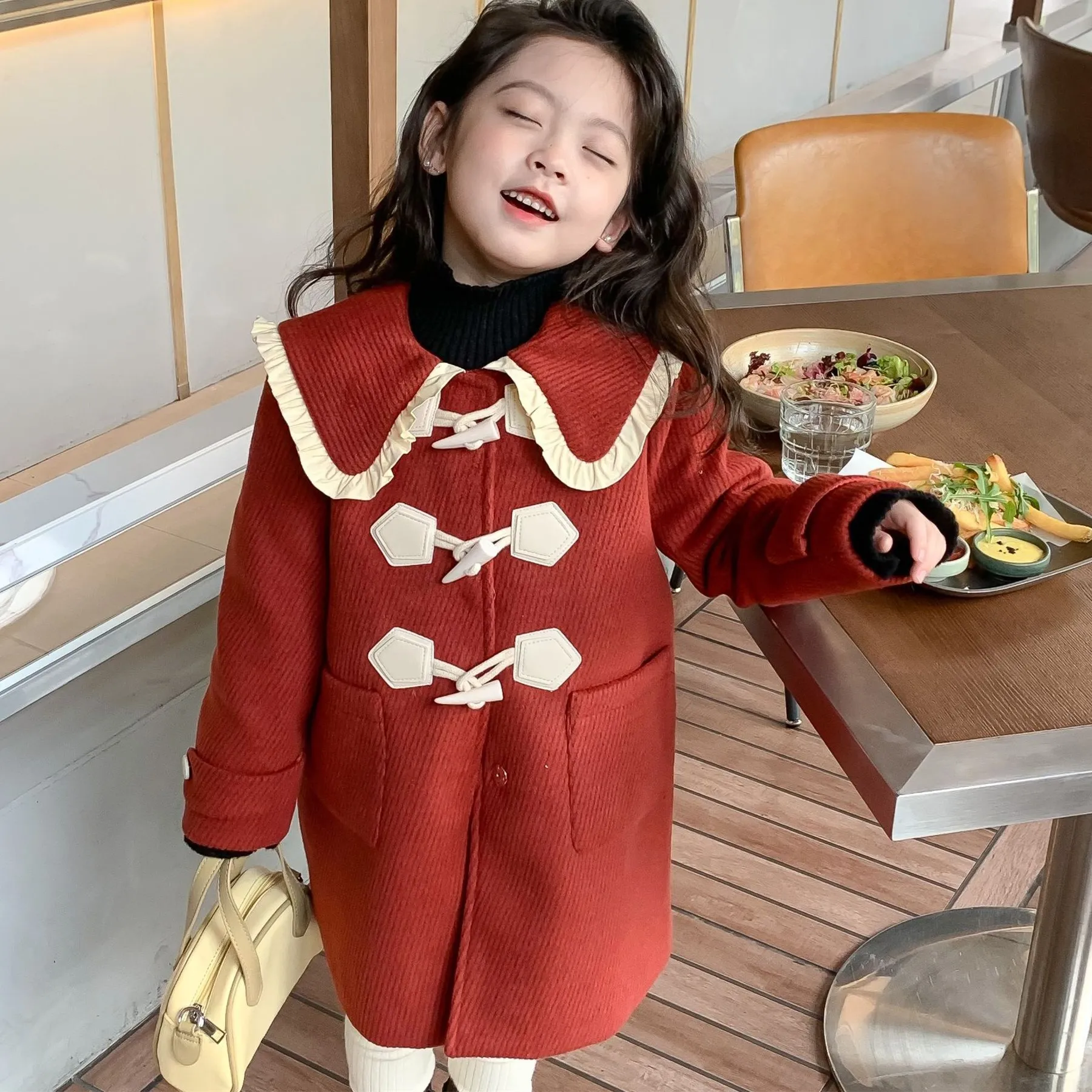 

baby clothes Girls' woolen coat croissant button sweet girls' coat kids outerwear clothes