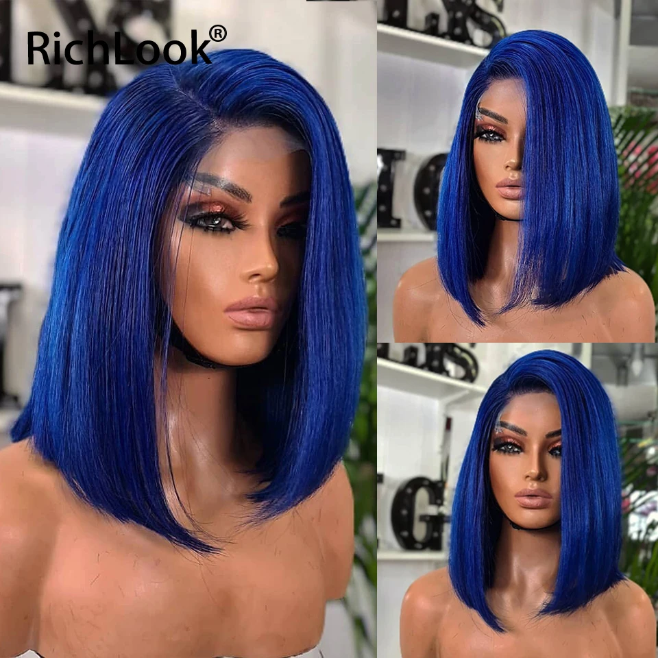 

Dark Blue 13x4 Bob Lace Front Human Hair Wigs For Women Pre Plucked Colored HD Transparent Heavy Lace Frontal Wig For Party