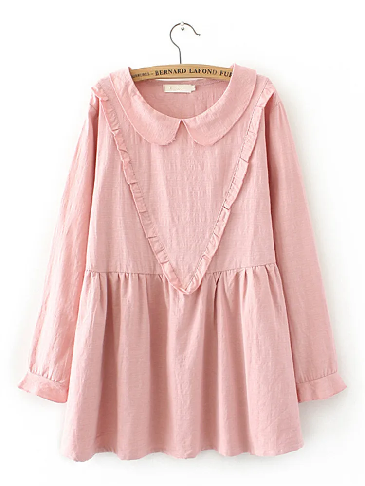 

Plus Size Clothes For Summer Cotton T-Shirt Long Sleeve Doll Collar Lapels And Pleated On The Chest Loose Thin Plus Size Shirt