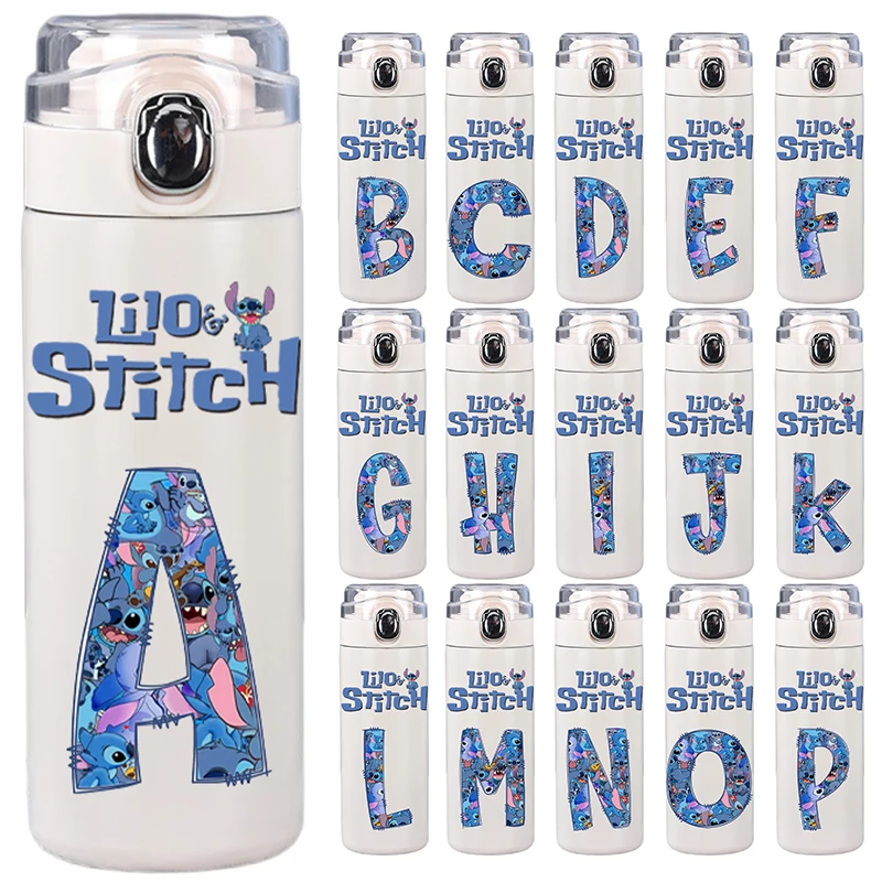 400ml Lilo Stitch Letter A-Z Printed Water Bottle Outdoor Sport Thermos Stainless Steel Bounce Cover Leakproof Cup