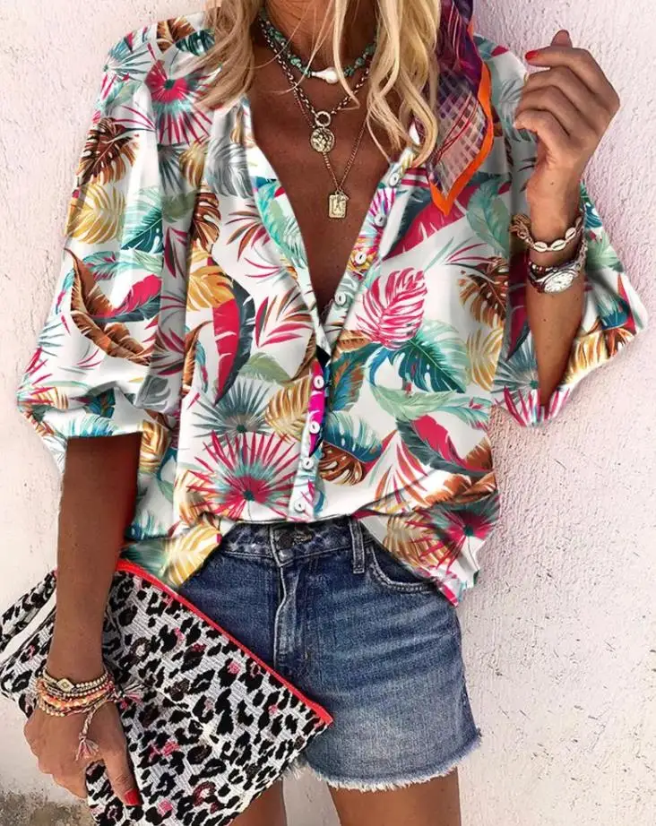 

2022 Loose Tops for Women Summer Leaf Print Buttoned Lantern Sleeve Top Fashion V-Neck Half Sleeve T-Shirt Ladies Shirt Bohemian