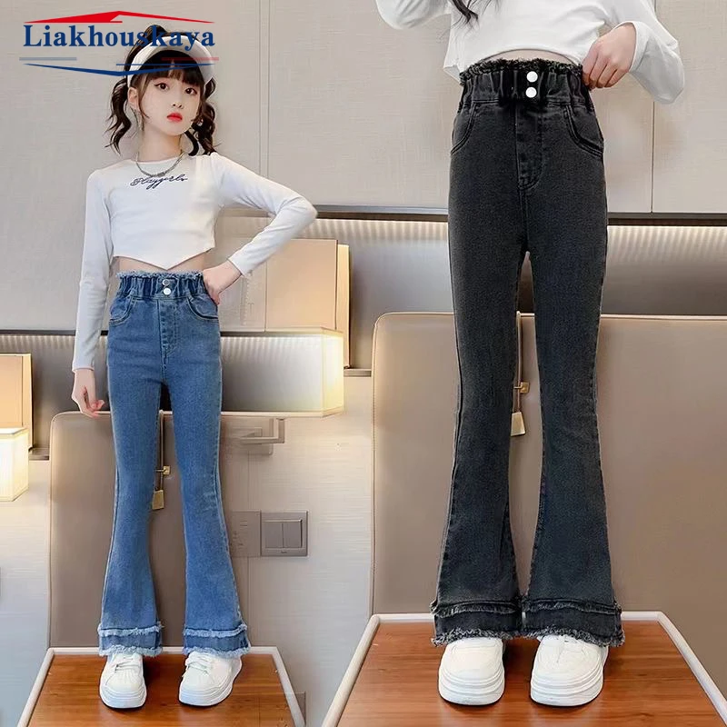 

110-160cm Denim Pants For Kids Girls Jeans Spring Autumn Girl Wide Leg Jeans Children Outwear Long Pants Teenagers Girl Clothing