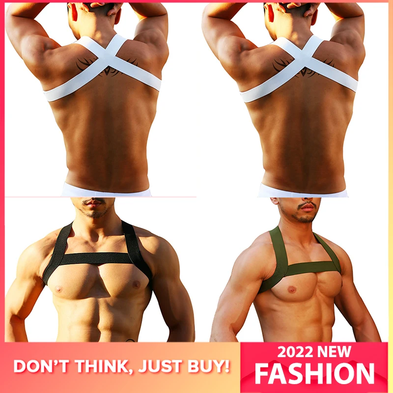 

2022 4PCS Men Elastic Band Harness Sexy Shoulder Straps Chest Bondage Muscle Halter Belt Club Party Costume Mens Bodysuite
