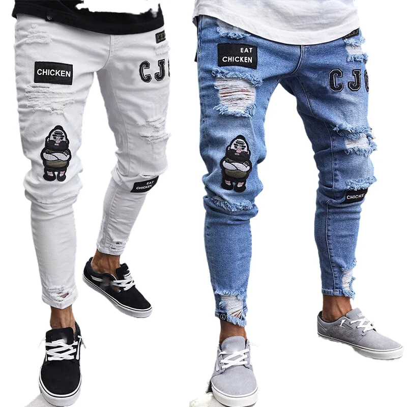 Джинсы мужские рваные зауженные из денима Стрейчевые брюки в ретро стиле