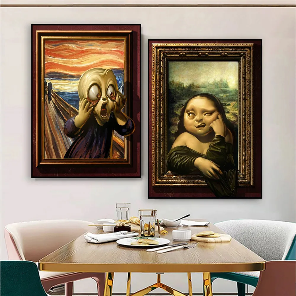 Edvard Munch The Cry And Monalisa, Забавный мультяшный художественный постер, холщовая живопись, абстрактные настенные картины, домашний декор Edvard Munch The Cry And Monalisa, Забавный мультяшный художественный постер, холщовая живопись, абстрактные настенные картины, домашний декор