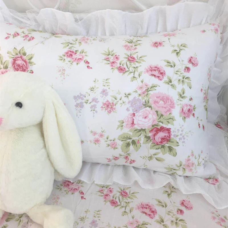 

2pcs pastoral print pillow case ruffle lace cotton flower Princess pillow cover bedding cushion cases pillow sham pillowcase