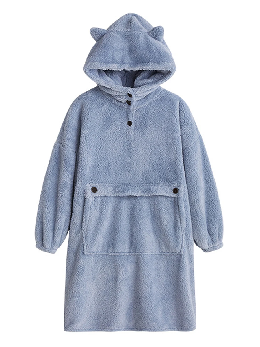 

Женское Фланелевое платье с капюшоном, плюшевая однотонная Толстовка большого размера с длинным рукавом, удобная одежда для сна с карманам...