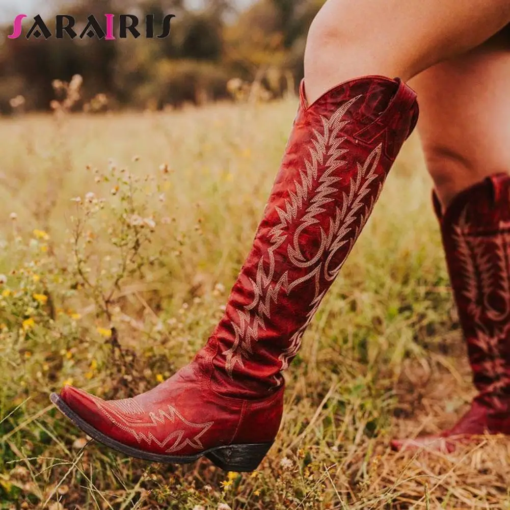 

2022 Autumn Winter Embroider Women's Western Boots Chunky Heels Retro Slip On Cowboy Boots Vintage Classic Shoes For Woman