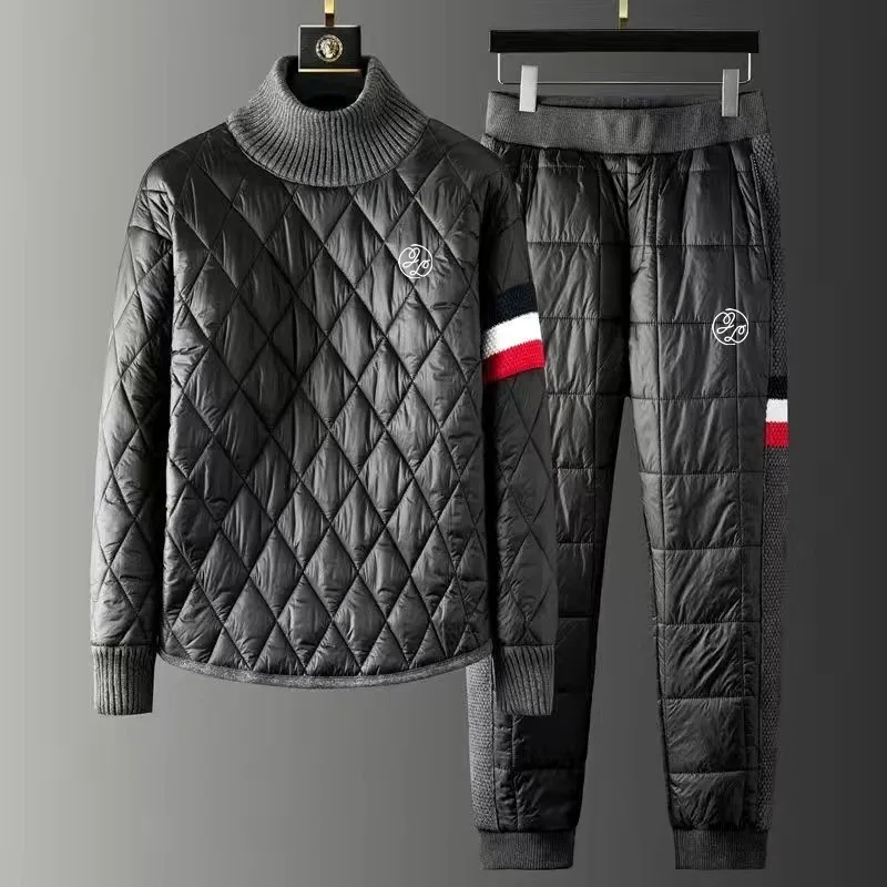 

2023 Winter Men's Golf 2 Piece Set Wear Warm Oversized High Down Collar Cotton Warm Jacket Wind Suit Sports Pants Coats Clothing