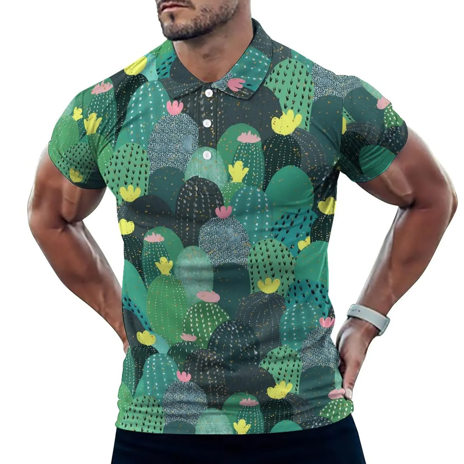 Зеленый кактус повседневные футболки с цветочным принтом рубашки поло отложным