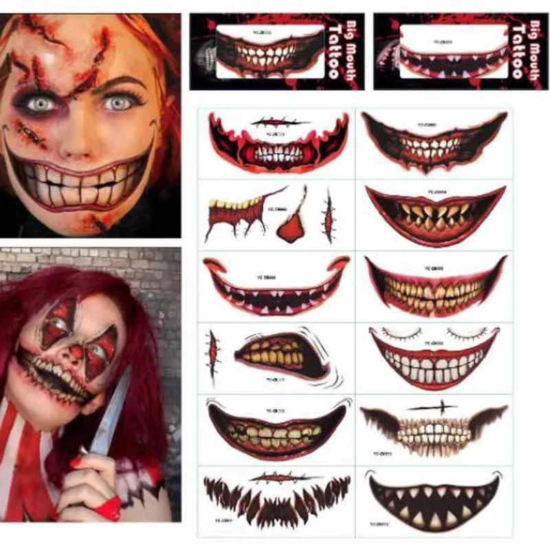 

Halloween Big Mouth Tattoo Stickers DIY Horror Lip Scratched Face Stickers Decors Day of the Dead Body Art Fake Tattoos Decals
