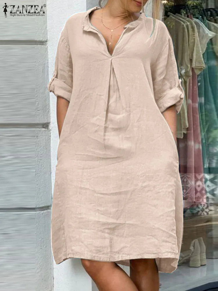 

Элегантный повседневный праздничный халат ZANZEA, летнее однотонное платье с V-образным вырезом и длинным рукавом, женские платья, сарафан до колена с пуговицами и манжетами