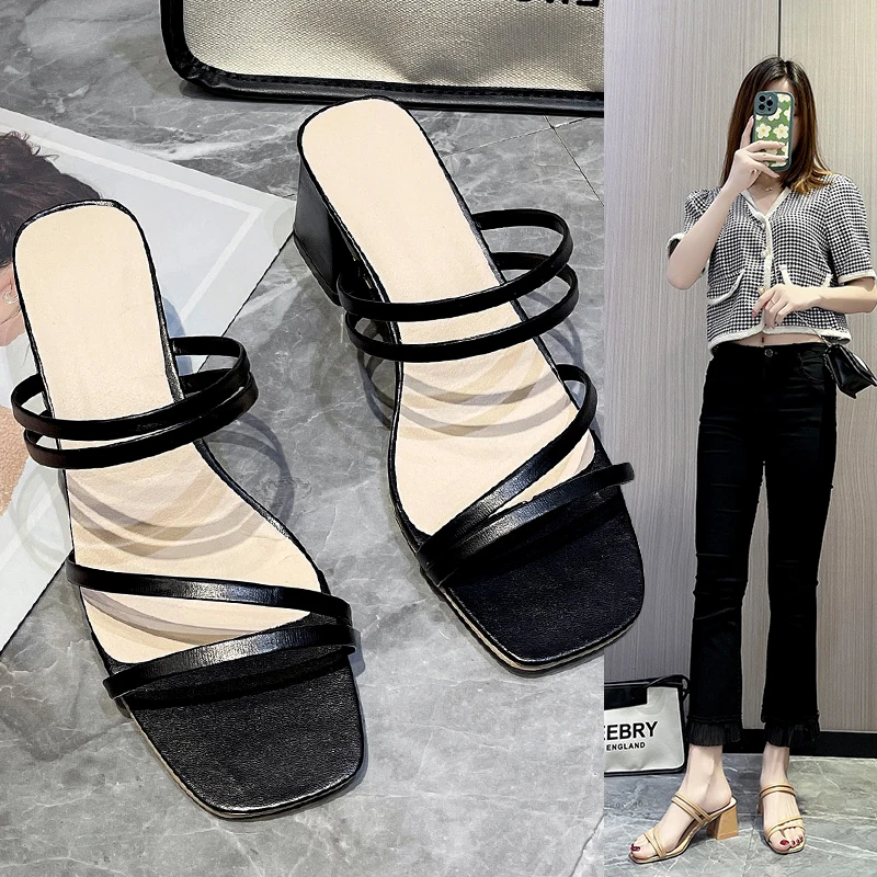 

2023 Women Sandals Ladies Square Heels Elegant Summer Slippers Outside Cross Tied Leather Female Slides Fashion Woman Sandals 42