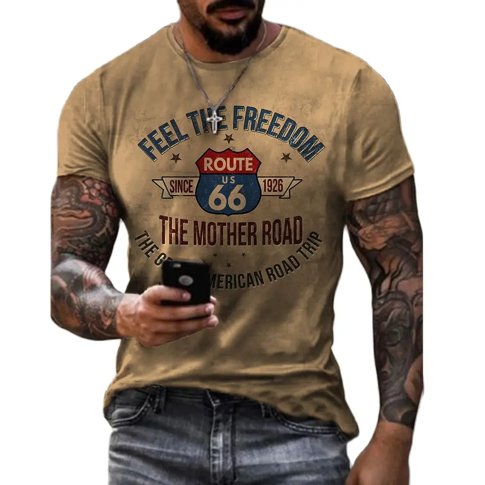 

T-shirt Vintage Men Tee Route 66 Print 3d T Shirt Short Sleeved Summer Street Casual Pullover Male Tops Harajuku Blouse Clothing