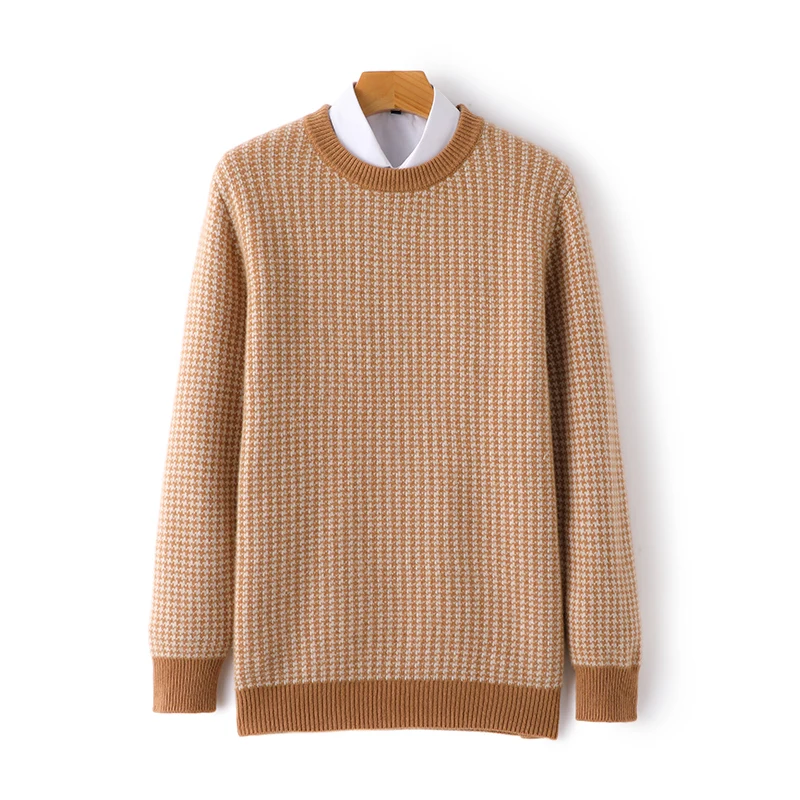 Men's Pullover Sweater Round Neck Autumn Winter New 100% Wool Sweater Small Plaid Thickened Jacquard Long Sleeve Loose Large Top