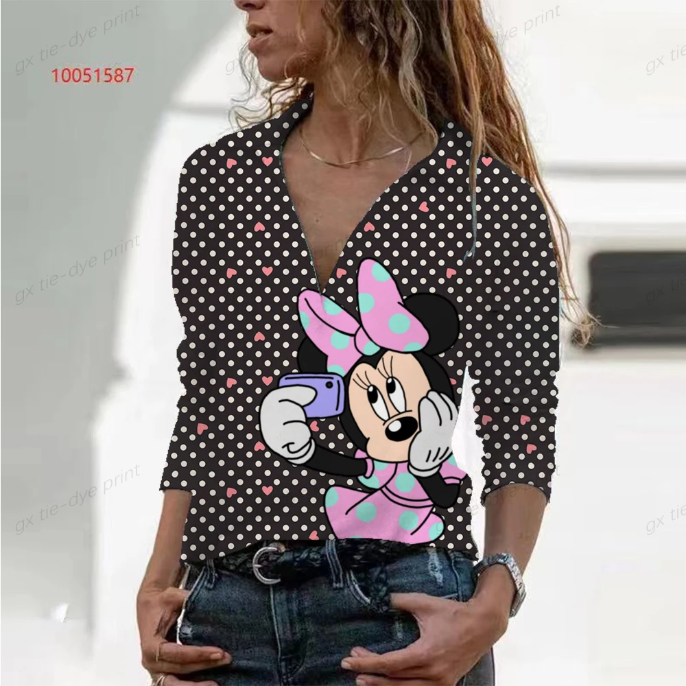 

V-Neck Minnie Mouse Long Sleeves Fashion Woman Blouses 2022 Cartoon Top Summer T-shirts Polo Kawaii Cool Kpop Mickey Tops Women