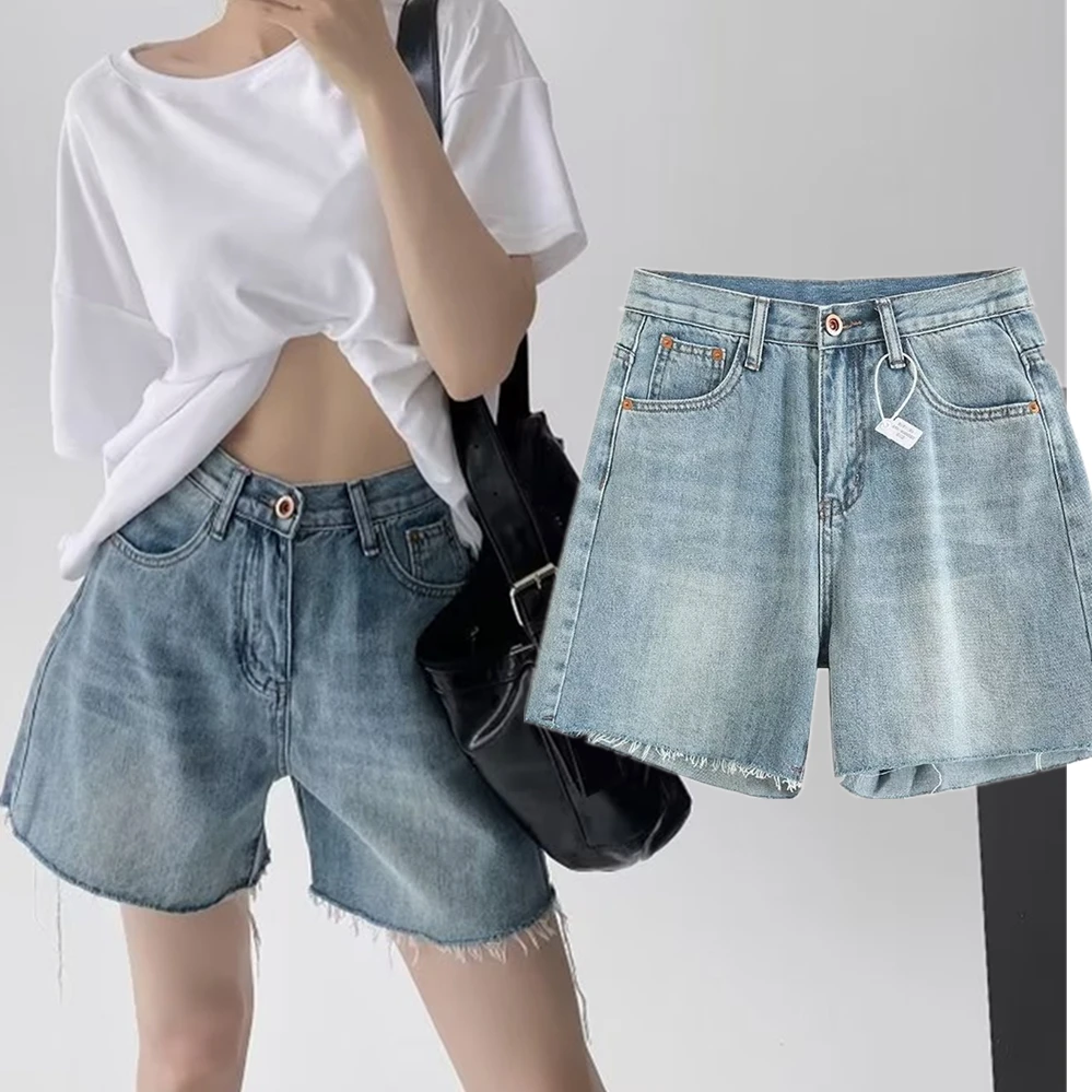 Dave&Di American Retro Old Denim Shorts  Washed Embroidered Pockets Casual Bermuda Women
