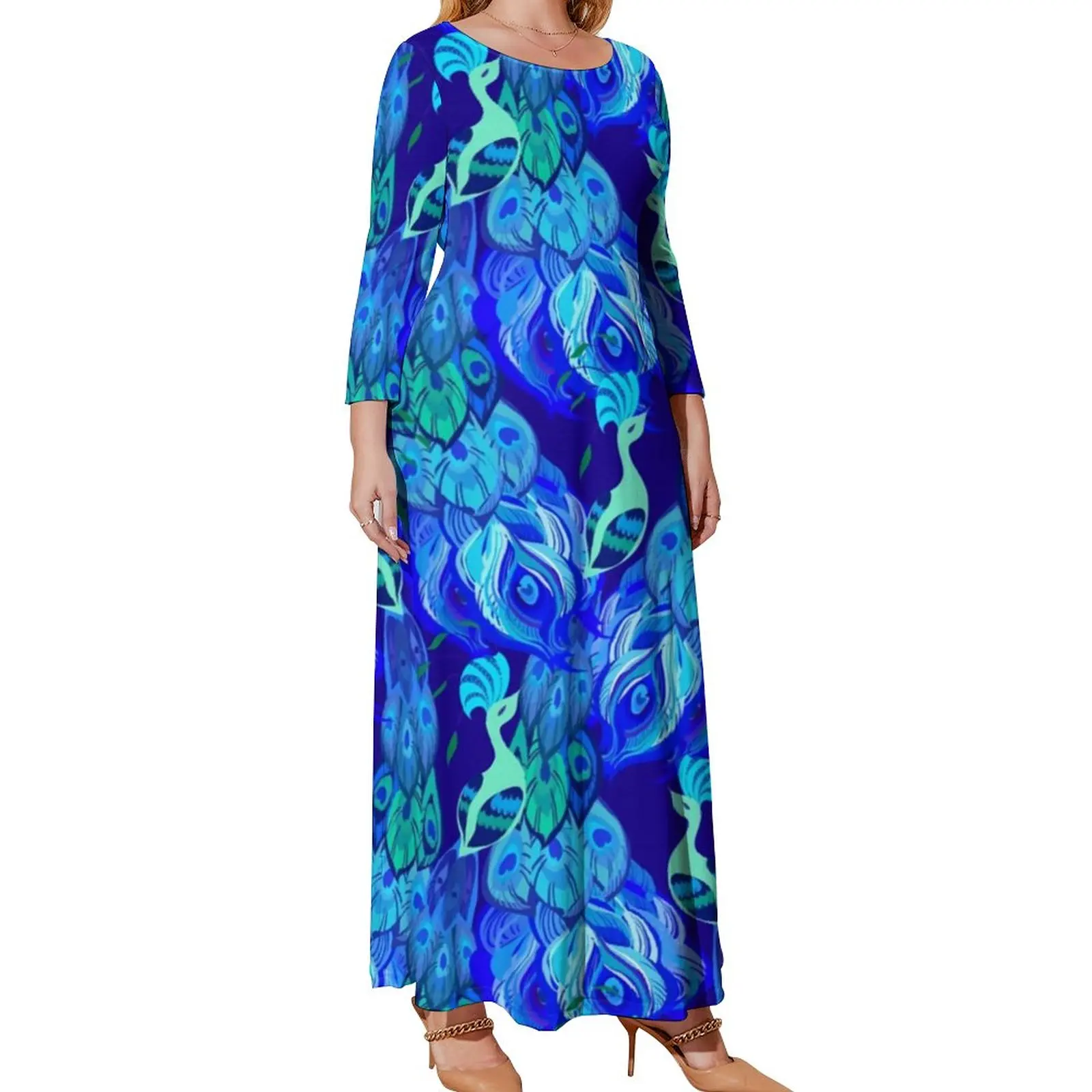 

Proud Peacocks Dress Female Peacock Feathers Elegant Maxi Dress Street Fashion Boho Beach Long Dresses Print Plus Size 4XL 5XL