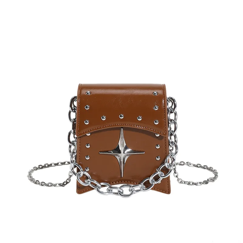 Popular Retro Biker's Small Square Bag Female Rivet Metal Decorative Niche Chain Messenger Bag