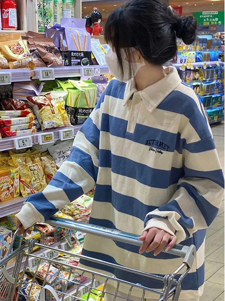 American Vintage Polo Collar Oversized Hoodies Women Blue Patchwork Stripe Thin Sweatshirt Harajuku Tops Long Sleeve For Girls