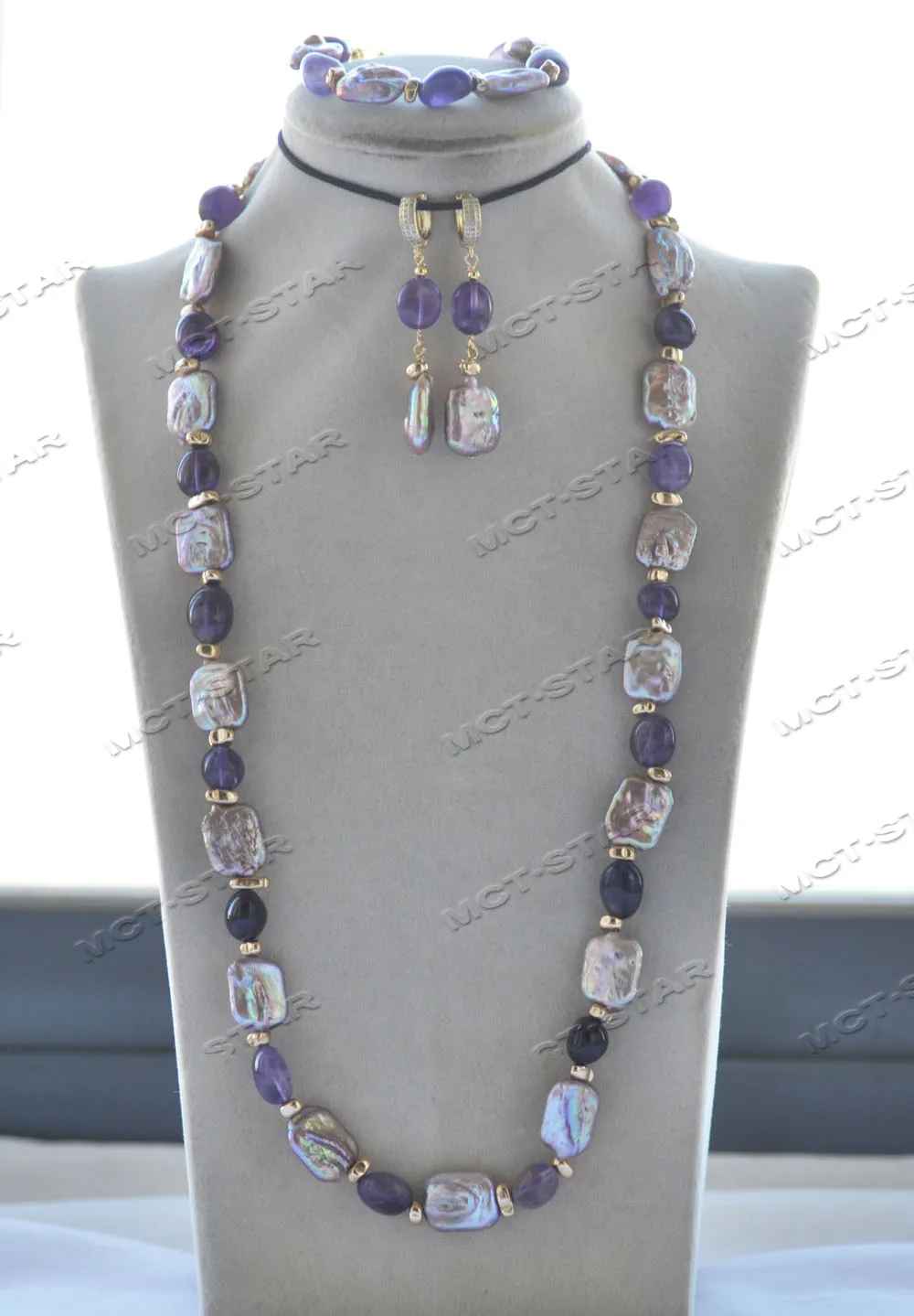 

MCT·STAR Z12510 Set 17mm Lavender Square Coin Pearl Amethyst Hematite Necklace Bracelet Earring