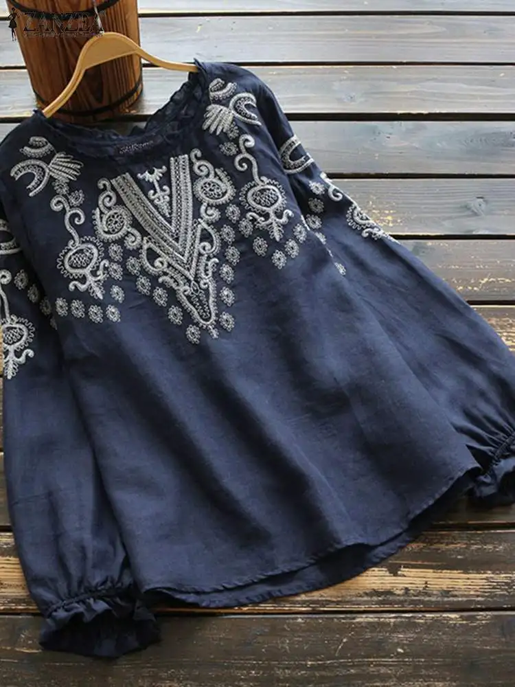 

ZANZEA Women Summer Vintage Tops Casual Long Sleeve Embroidery Blouses Blusas Floral Ruffle Shirt Female Chemise Oversized Tunic