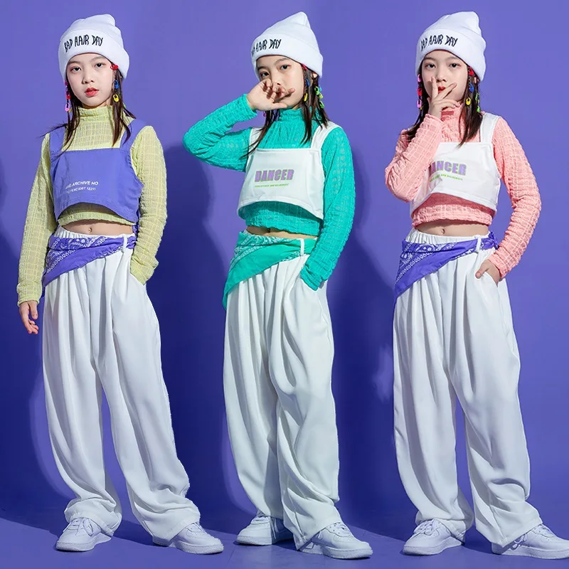

Детские костюмы в стиле хип-хоп для девочек, футболка с длинным рукавом, жилет, брюки с широкими штанинами, модная спортивная Одежда для танцев и показов
