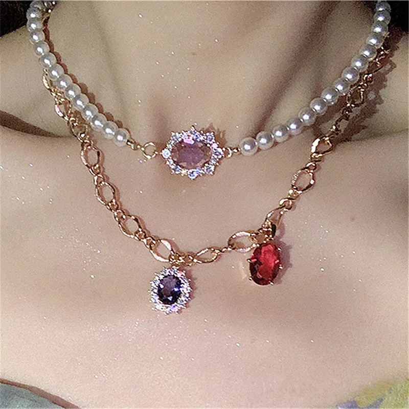 

Pearl Zircon Pendant Necklace for Women Vintage Crystal Multilayered Chain Choker Necklaces Trend Aesthetics Neck Jewelry