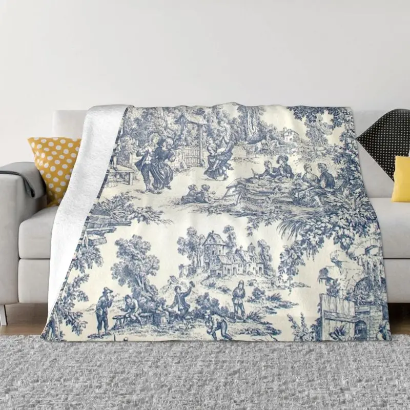

Toile De Jouy Number 2 Ultra-Soft Fleece Throw Blanket Flannel French Navy Blue Motif Blankets for Bed Home Couch Bedspreads