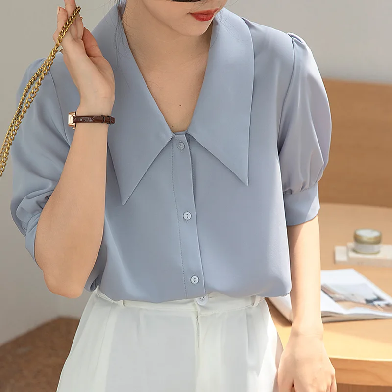 

Summer Women Elegant Chiffon Blouse Blue Ladies Button Turn Down Collar Office Lady Slim Casual Shirt