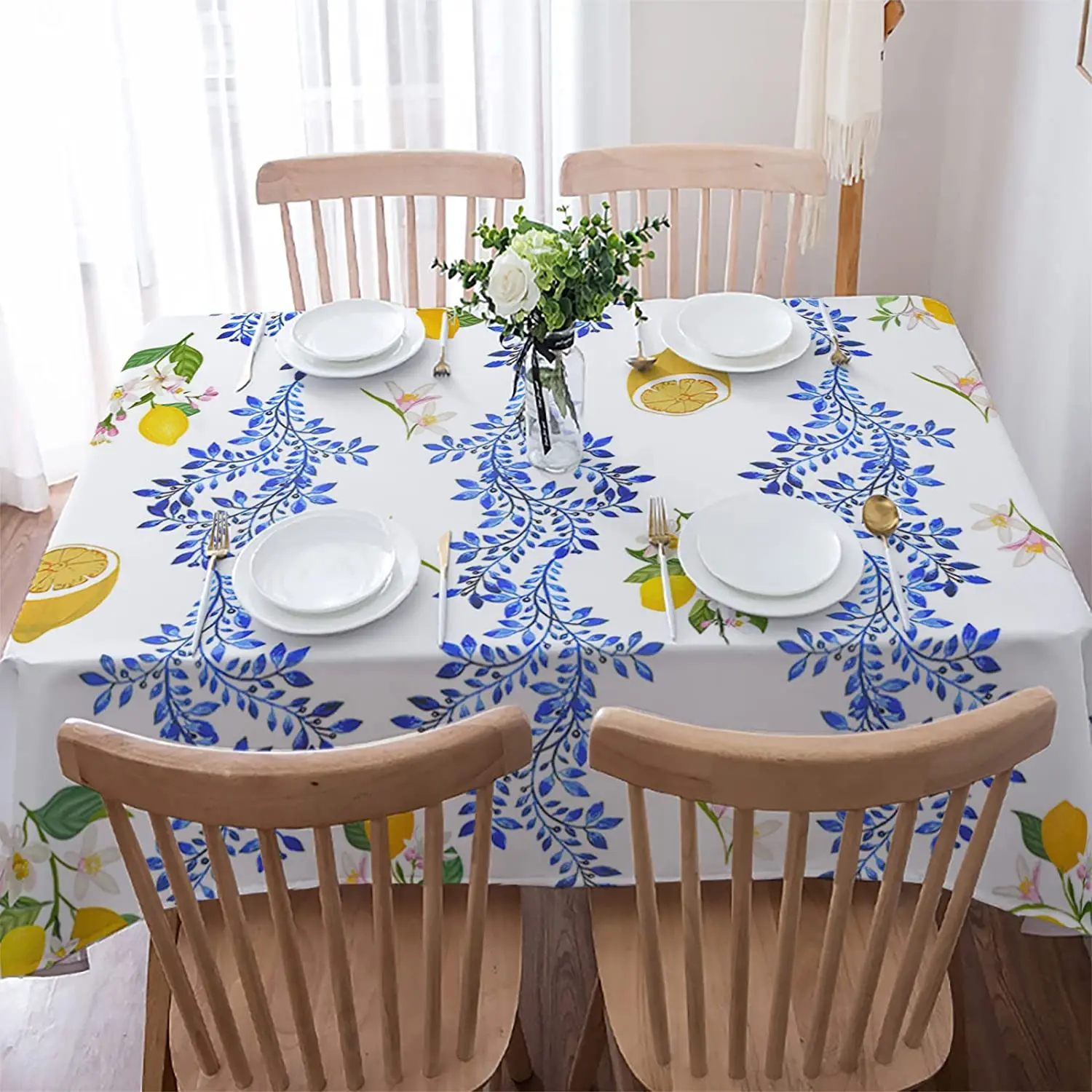 

Summer Lemon Blue Leaves Rectangle Tablecloths Holiday Party Decorations Waterproof Table Tablecloth for Kitchen Dining Decor