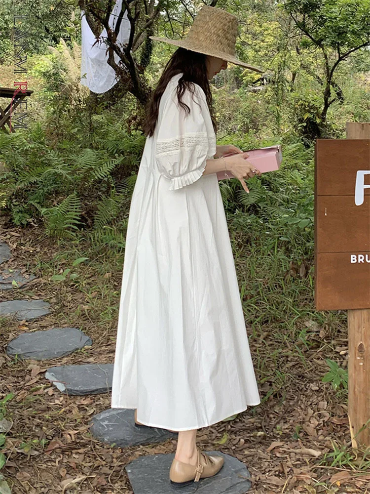 

LANMREM White Dress Women's Summer High-end Retro Hollow Lantern Sleeves Loose Long Dresses Female Cute Clothing Summer 2R3602