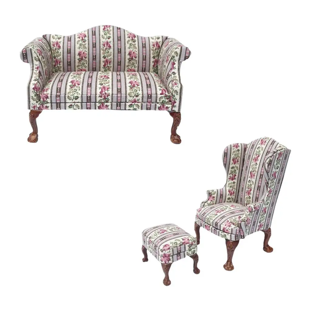 1:12 Dollhouse Wood Mini Upholstered Sofa Set Living Room Decoration DIY