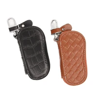 11 color leather key case for men and women portable car solid color woven pattern door lock key zipper storage bag 11 3x5 5cm