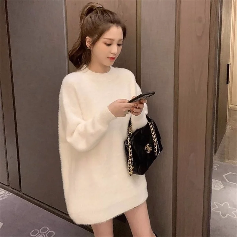 Pullover sweater 2022 imitation mink velvet sweater female o neck knitting bottom autumn and winter loose long sleeve sweater