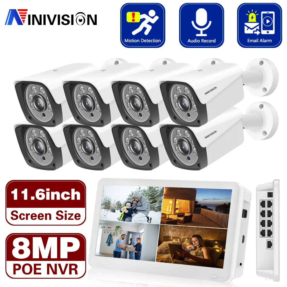 

8CH 8MP Ultra HD POE NVR Video Security System 4K H.265+ Surveillance NVR 4K HD IP66 IPC CCTV Audio Camera 4K LCD Screen System