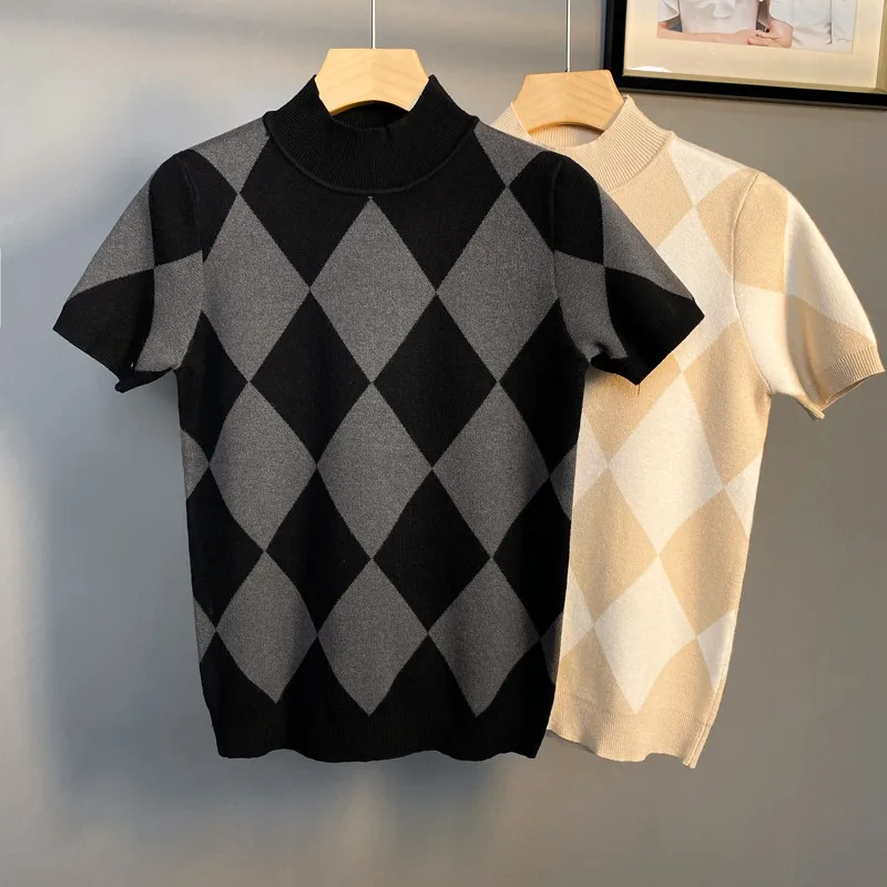 

Мужская водолазка с коротким рукавом, Повседневная облегающая футболка в клетку с бриллиантами, модель R13 на весну и лето, 2022