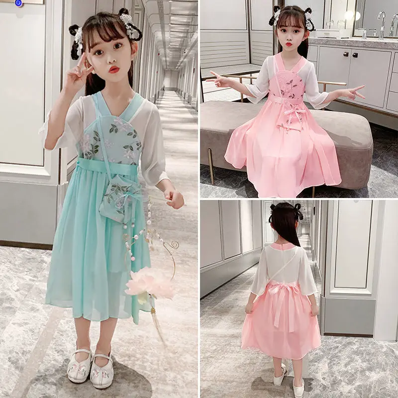 

Летнее платье, детская одежда для девочек, праздничная детская одежда в китайском ретро-стиле для девочек, Кружевной Костюм Хань, костюм Тан...