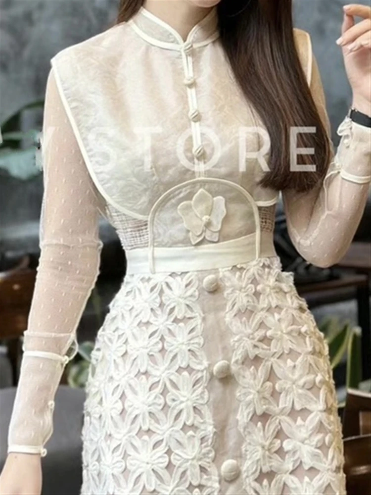 Woman Dresses Women Elegant Embroidery Long Sleeve 2023 Lace Spring Autumn Dress Runway Party High Waist Boho Luxury Solid Robe