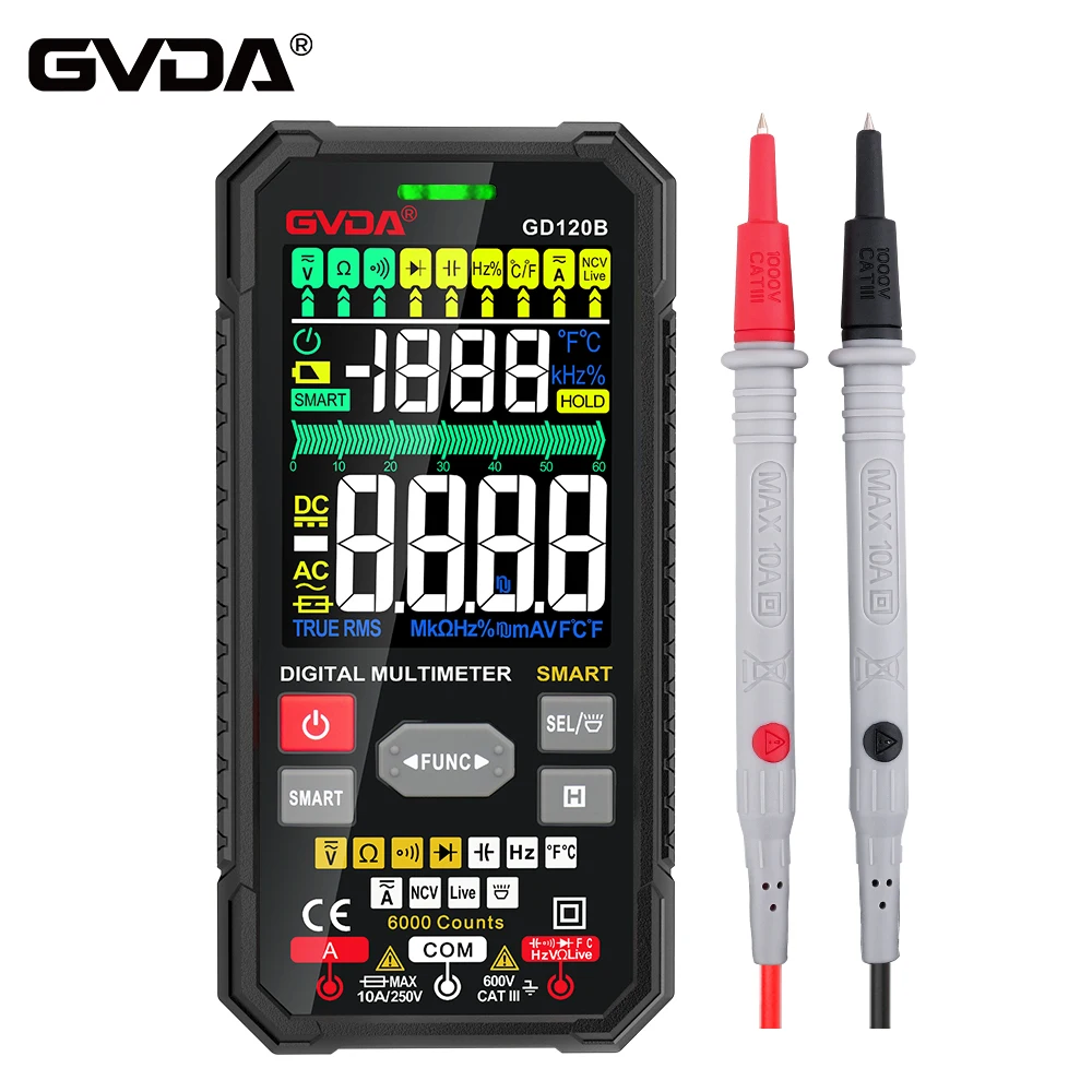 

GVDA New Digital Multimeter T-RMS Auto Range AC DC NCV Color LCD Smart Multimetro Tester Ohm Capacitance Hz Temp Voltage Meter