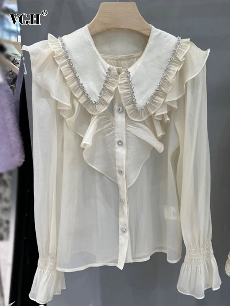 

VGH Solid Pactwork Rufflles Shirt For Women Lapel Flare Sleeve Spliced Diamonds Loose Sheer Elegant Shirt Female Fashion Clothes