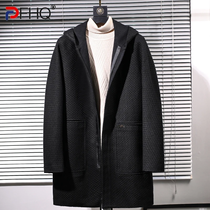 

PFHQ Autumn Wool Knitted Trench Coat Men's Hooded Slim Fit Mid Length Solid Color Zippers Darkwear Simple Windbreakers 21Z1507