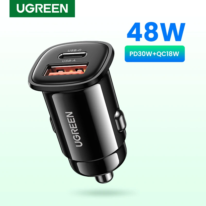 

Автомобильное зарядное устройство UGREEN, 30 Вт, PD, быстрая зарядка QC4.0 3,0, SCP Type C, быстрое автомобильное зарядное устройство USB для iPhone 14 13 12 Xiaomi, з...