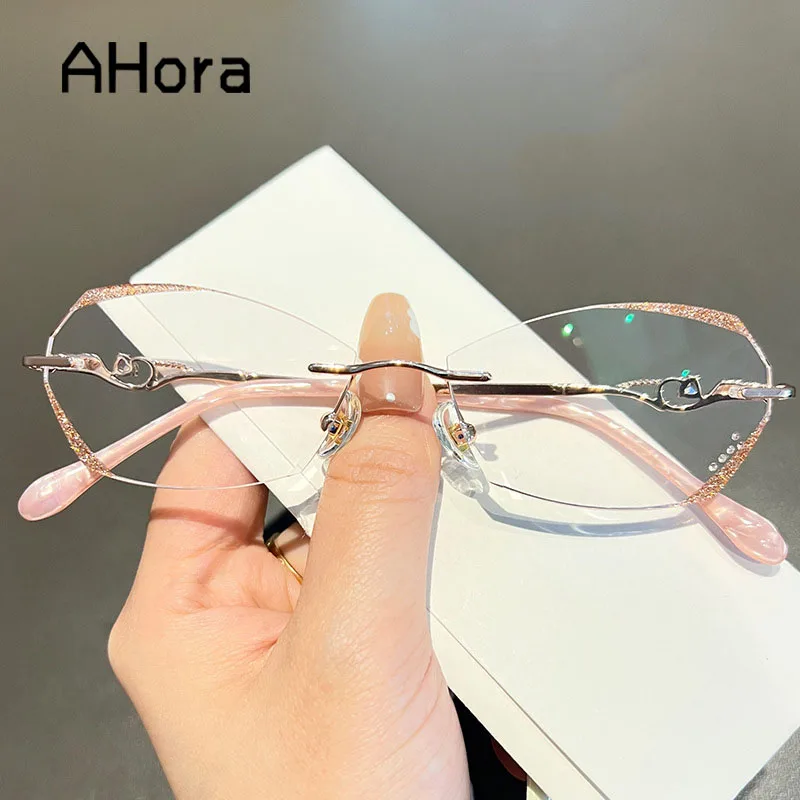 

Ahora Crystal Rimless Reading Glasses Frame Lady's Blocking Blue Light Computer Goggles Presbyopic Eyeglasses 0+1.0...+4.0