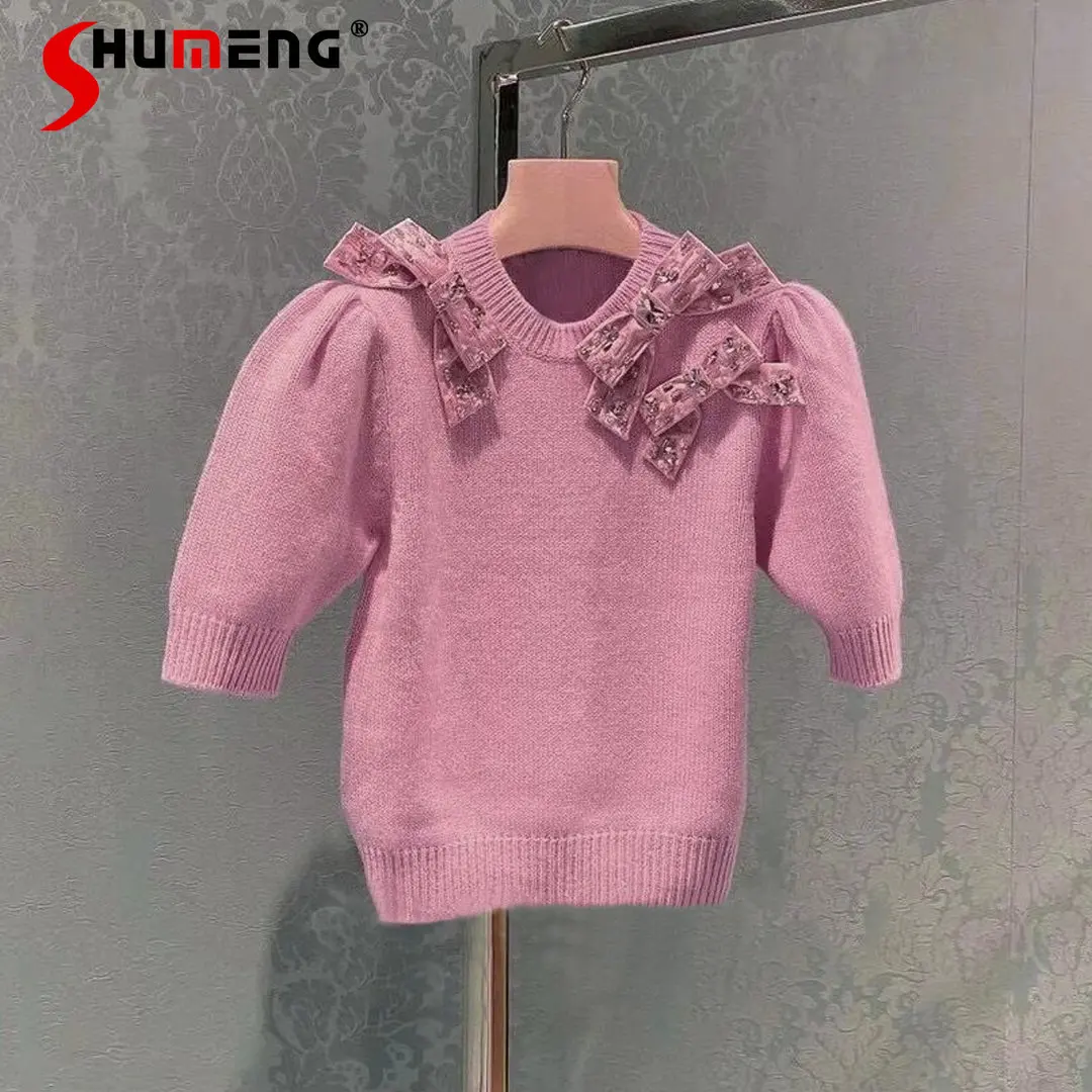 2023 New Summer French Style Puff Short Sleeve Knitted Tshirt for Women Exquisite Rhinestone Bow Pink Thin T Shirt Top Femlae