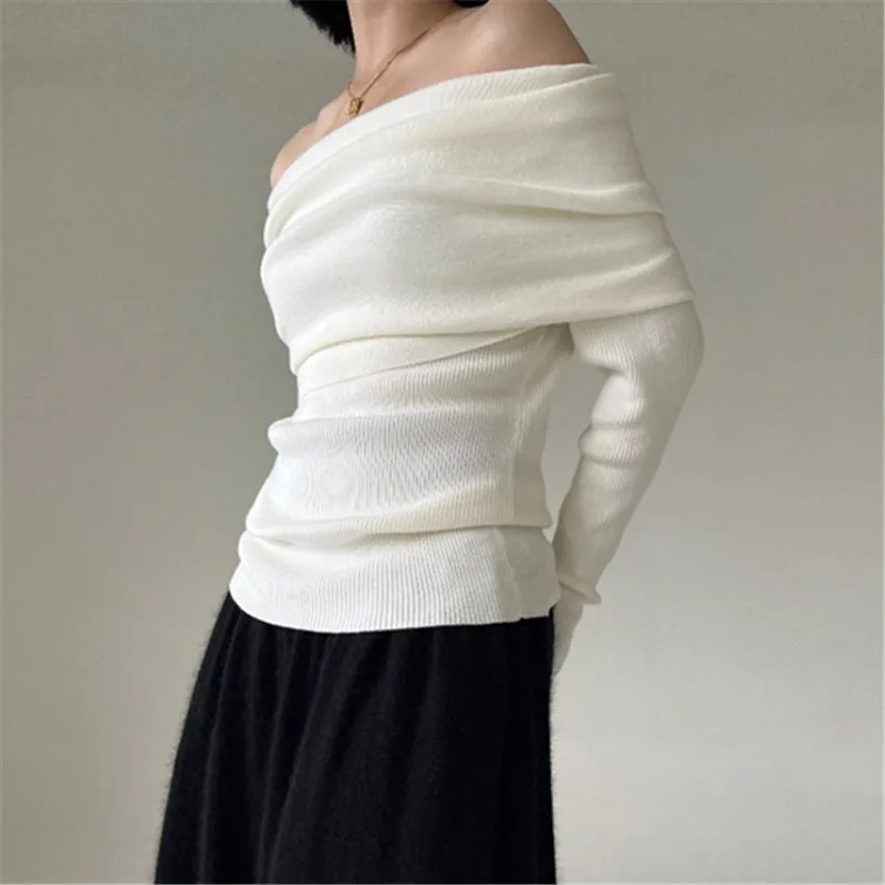 Женский свитер с открытыми плечами элегантный винтажный трикотажный однотонный
